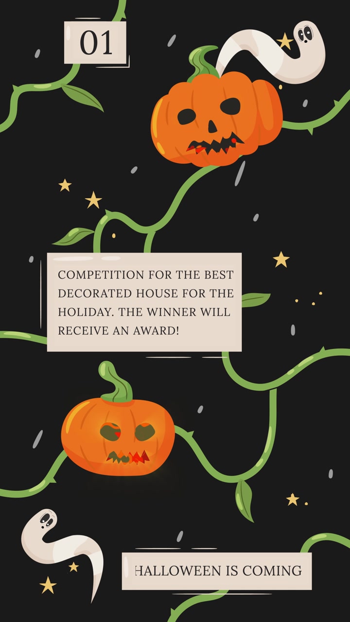 Annuncio Animato della Competizione di Halloween con Zucche Intagliate e Fantasmi
