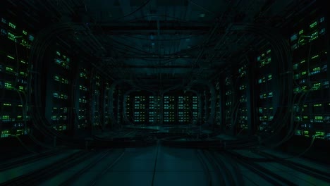 a deep look inside a high-tech data center filled with rigid server racks, interwoven cables, and pulsing led lights creating a futuristic ambiance