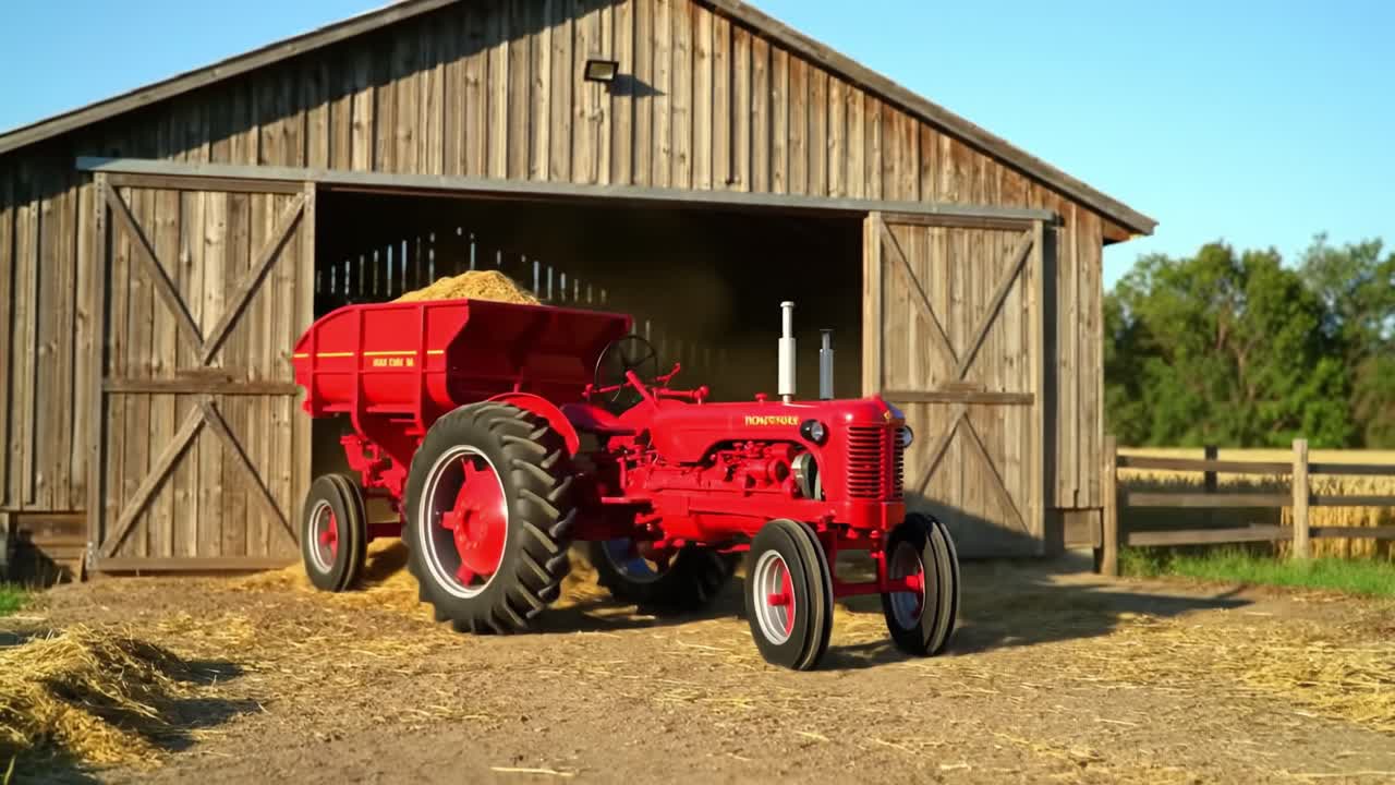 A vibrant red tractor is seen exiting a rustic barn while unloading hay, embodying the essence of agricultural life and the charm of rural farming in sunny weather