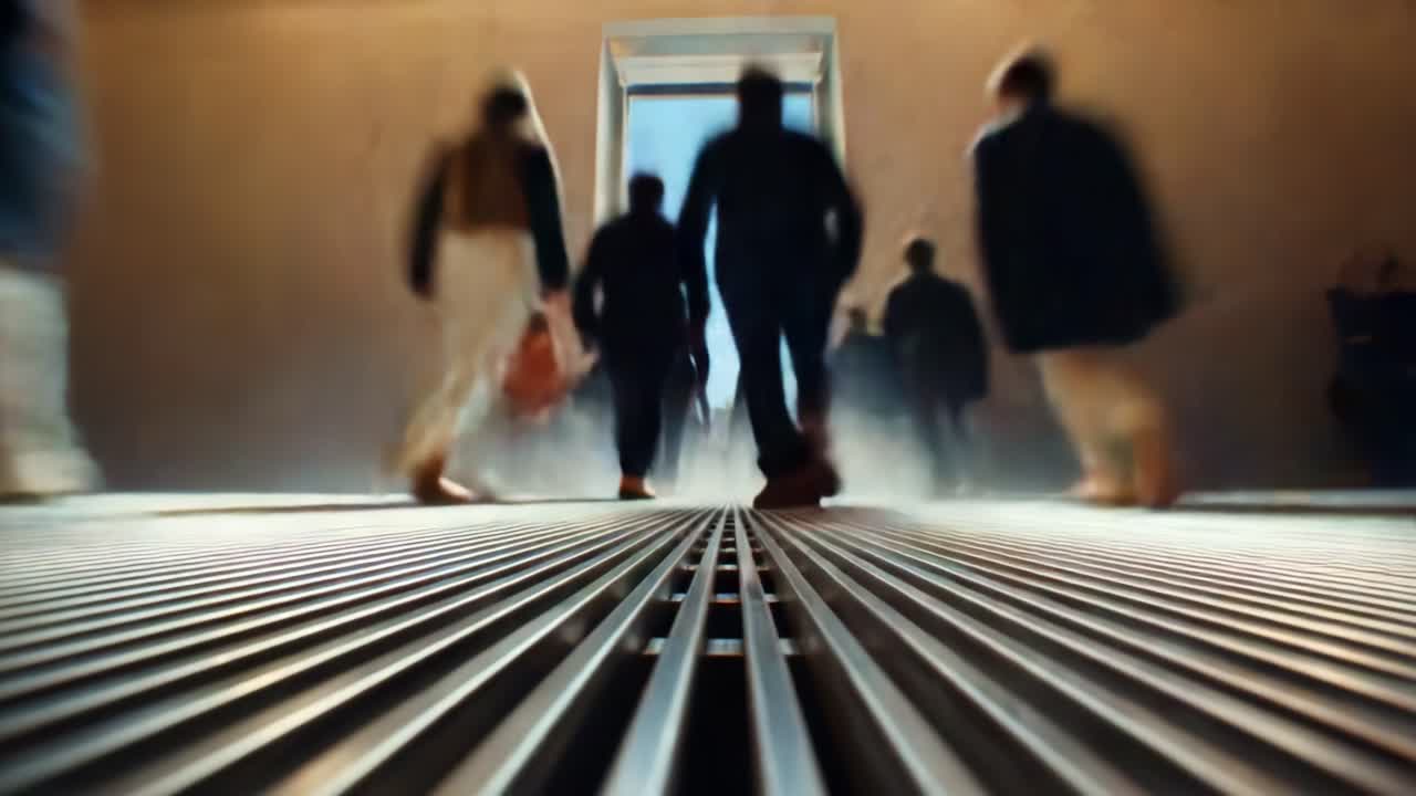 A dynamic scene depicting a bustling crowd moving in a modern architectural space, showcasing the vibrancy of human interaction and the interplay of light and shadow within the structure