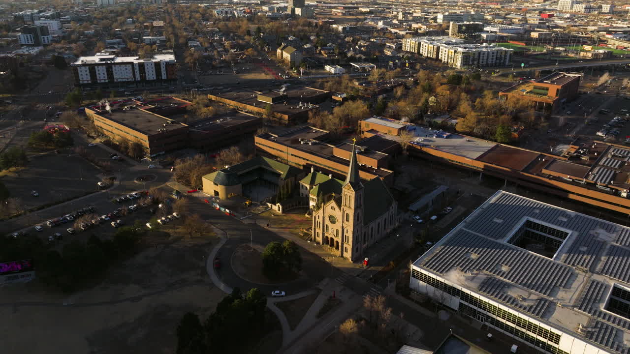 Gothic-style church standing out in Denver aerial