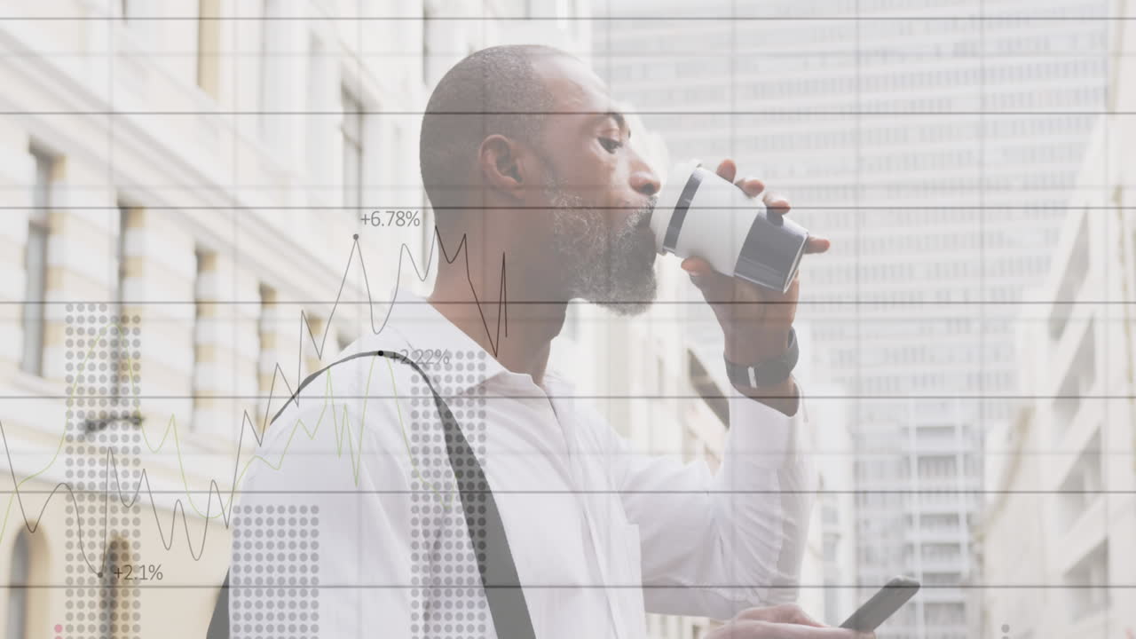 도시에서 스마트폰을 사용하여 커피를 마시는 아프리카계 미국인 남성에 대한 통계 처리 애니메이션