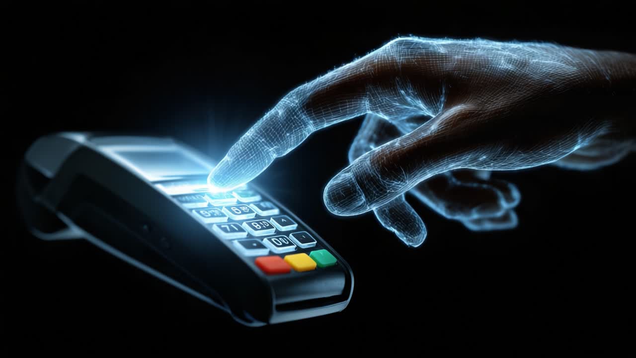 A Futuristic Interaction with Payment Technology: A Hand Approaching a Touchscreen Payment Terminal, Highlighting Digital Transactions and Contactless Payments in Modern Banking