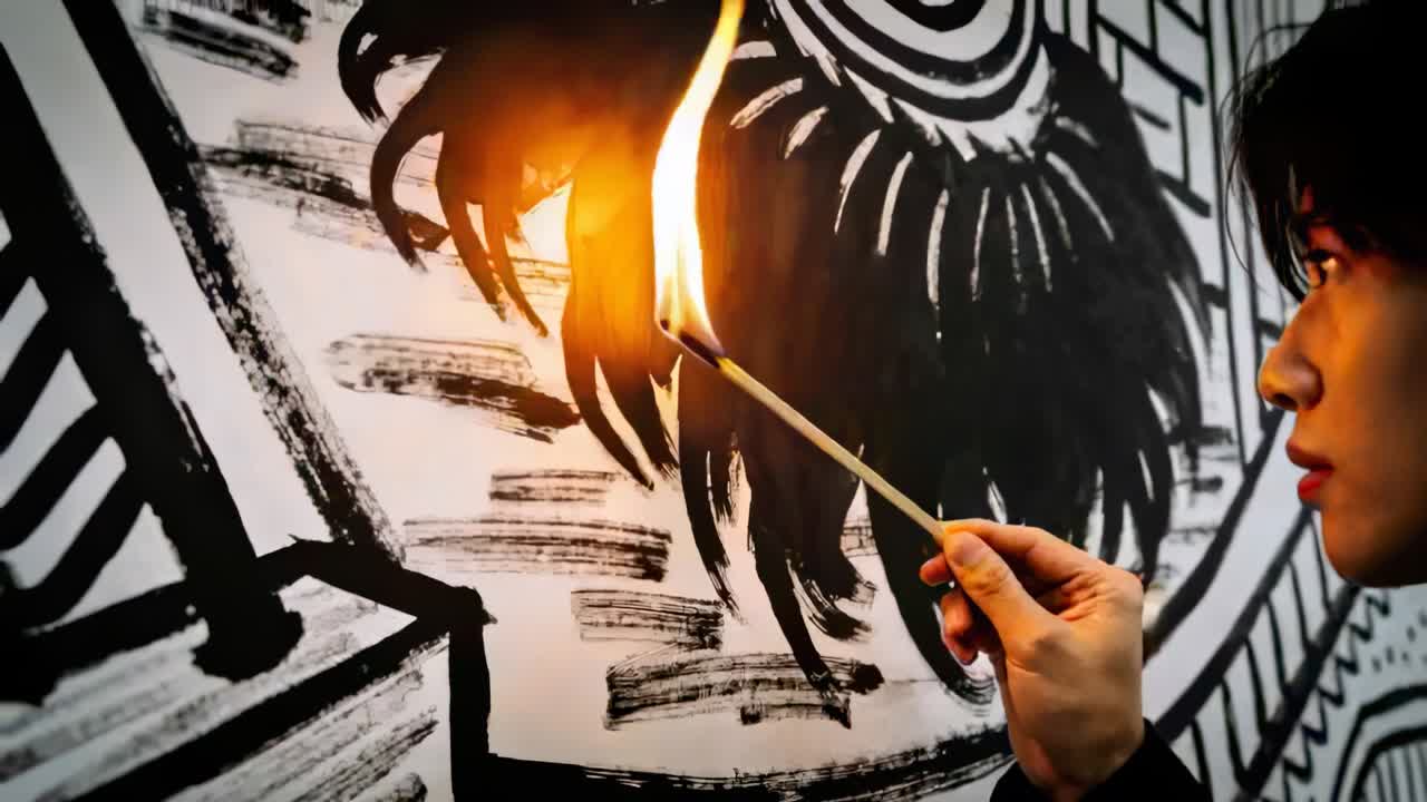 Bringing lit stick tip, man in dark jacket tracing mural in studio, testing effect, copy space