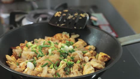 agregar cebolleta fresca y cortada en cubitos al pollo frito con menú de fideos - receta tailandesa, tailandia