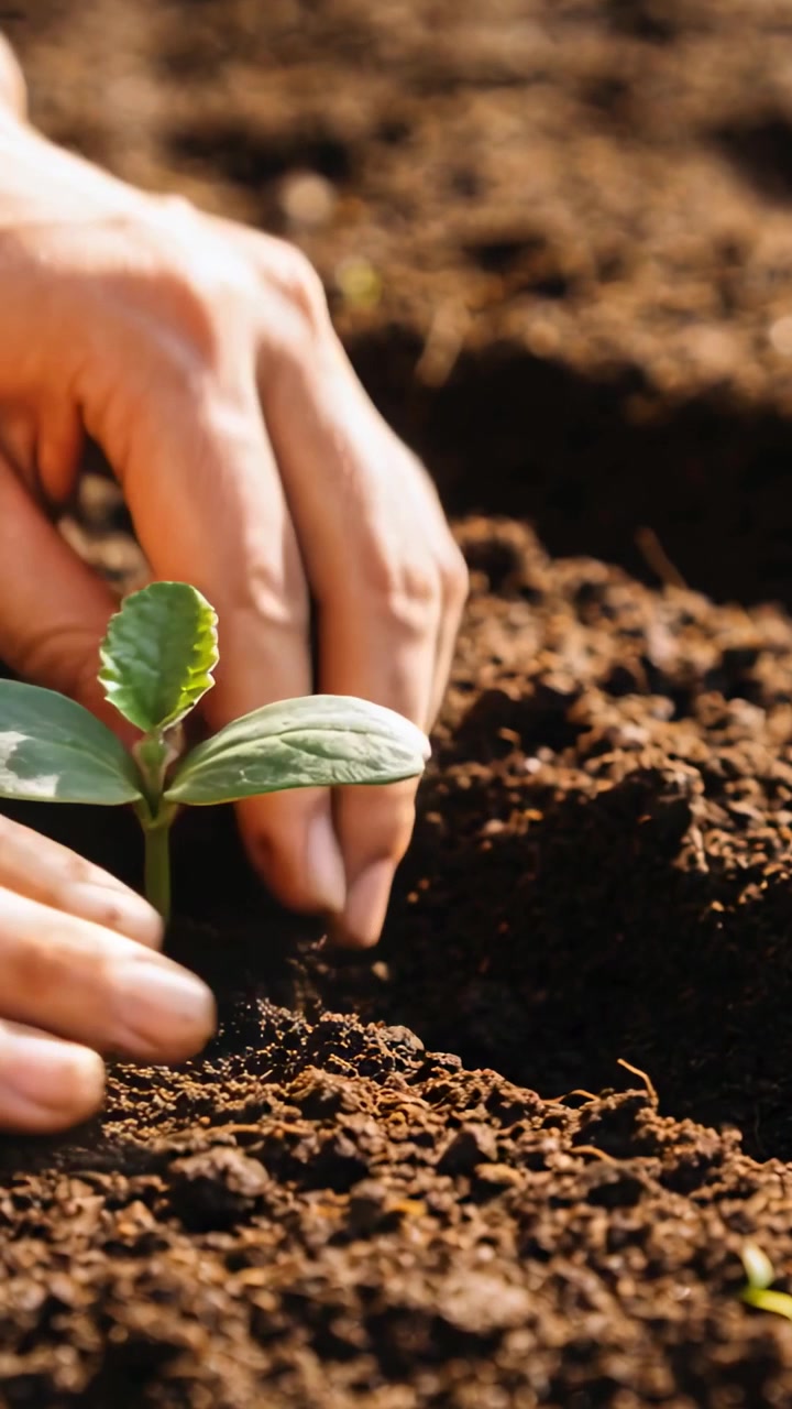Video vertical: Manos desnudas plantando, sosteniendo una pequeña plántula verde en posición vertical y colocándola en un lecho de jardín.