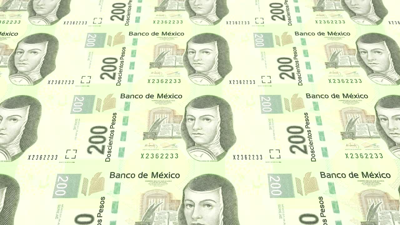 Ekranda yuvarlanan Meksika Merkez Bankası'nın iki yüz Meksika pezosu banknotları, dünya paraları, nakit para, döngü.