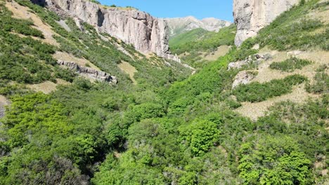 Forward-descending-aerial-view-of-a-rugged-canyon-with-a-rocky-mountain-range-beyond