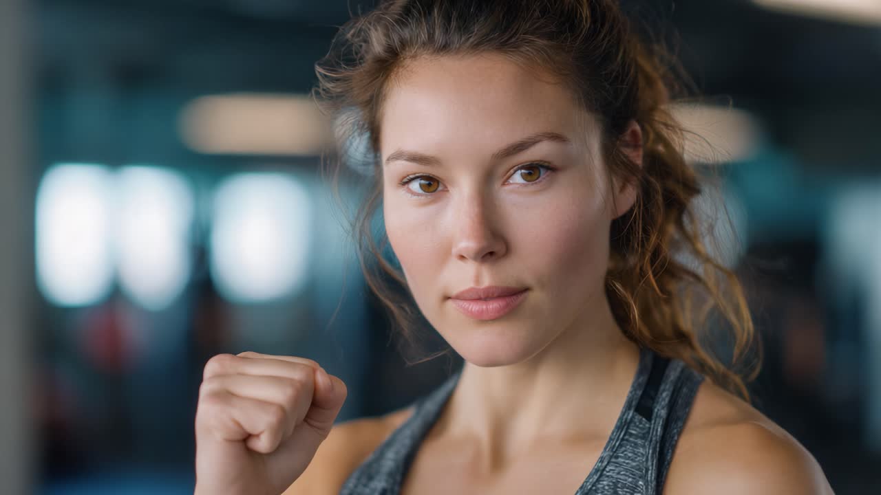 Donna energica in palestra, che mostra forza e determinazione attraverso una posa sicura con il pugno alzato in un ambiente di allenamento dinamico