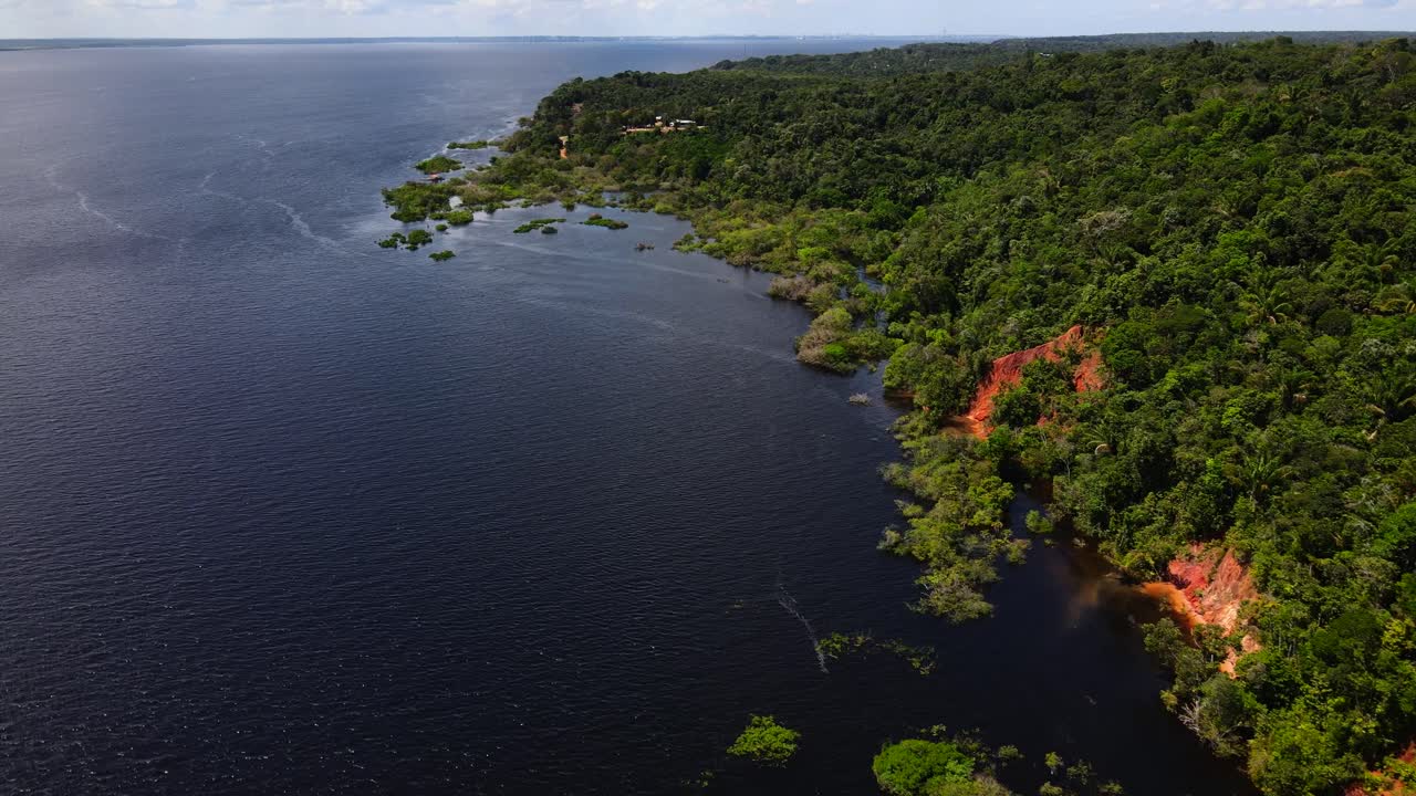 Panoramica aerea in avanti a destra che cattura il confine vibrante tra la fitta giungla amazzonica e la scura sponda del Rio Negro. Il tempo tropicale soleggiato evidenzia un intenso contrasto cromatico