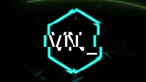 animation of glowing hexagon with tmj text over digital particles in background