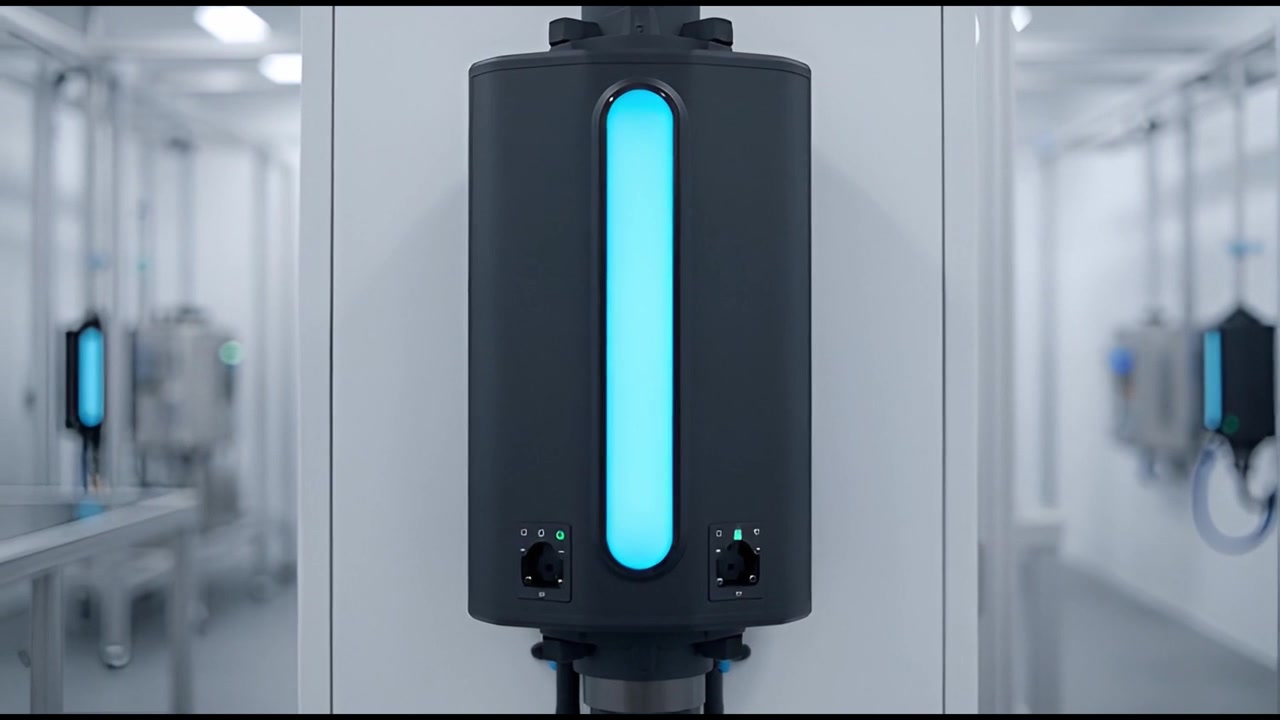 Modern Industrial Device with Pulsing Blue Light in a Cleanroom