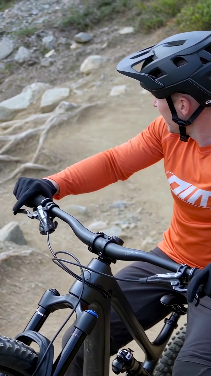 Video verticale: Ciclista che osserva il percorso, chinandosi in avanti e frenando su un sentiero roccioso per la discesa, con bici e maglia