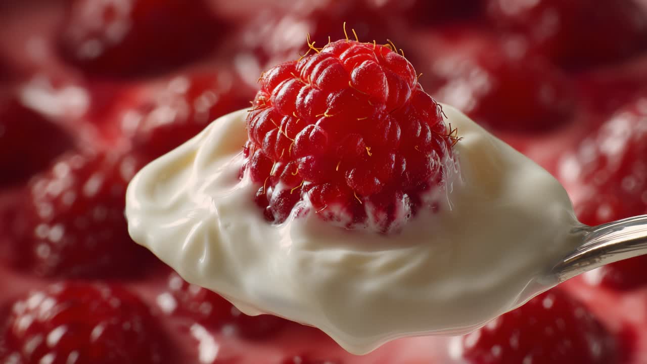 A Close-Up View of Fresh Raspberries on Creamy Dessert, Highlighting the Juicy Texture and Vibrant Color of the Fruit Against a Soft Creamy Background