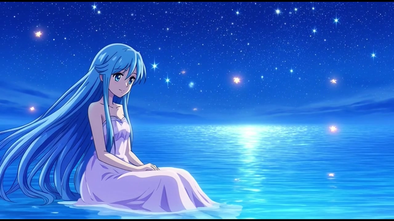 Ragazza anime seduta sull'acqua sotto un cielo notturno stellato