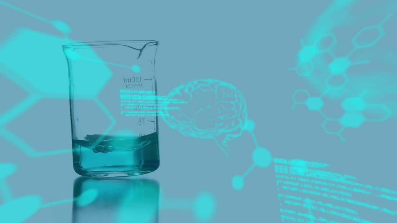 파란색 배경에 액체 및 과학 데이터 처리 애니메이션을 가진 컵