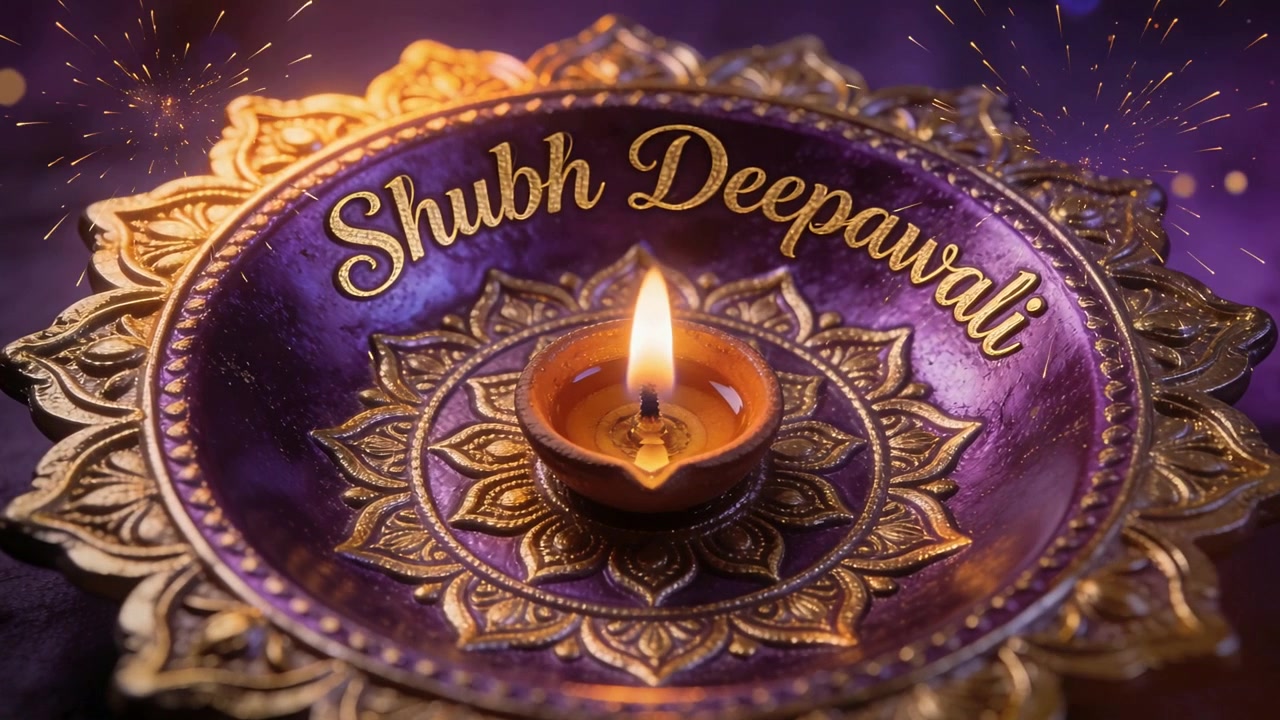 Sparkler bursting near ornate plate sending oil lamp flame flickering on tabletop, Shubh Deepawali