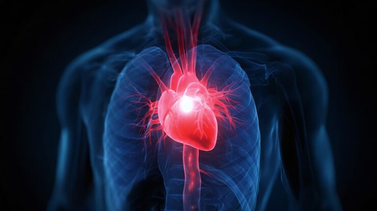 Anatomical Visualization of the Human Heart in a Transparent Chest: A Glowing Representation of Cardiac Function, Blood Flow Dynamics, and Overall Vitality in a Luminous Realistic Design