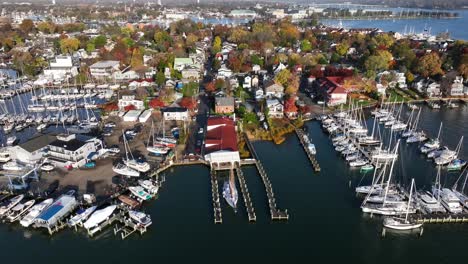 barrio residencial de annapolis, maryland, junto al puerto deportivo y el puerto con muchos barcos en otoño