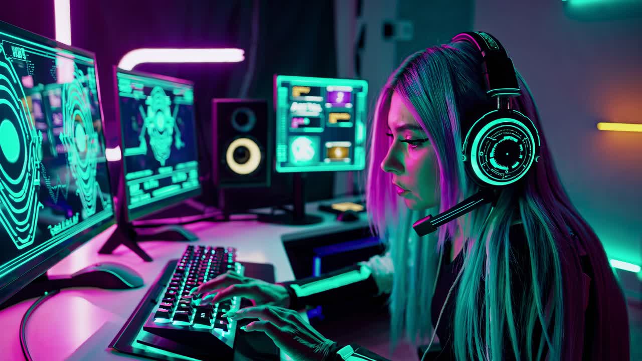 Woman Gamer in Cyberpunk Style