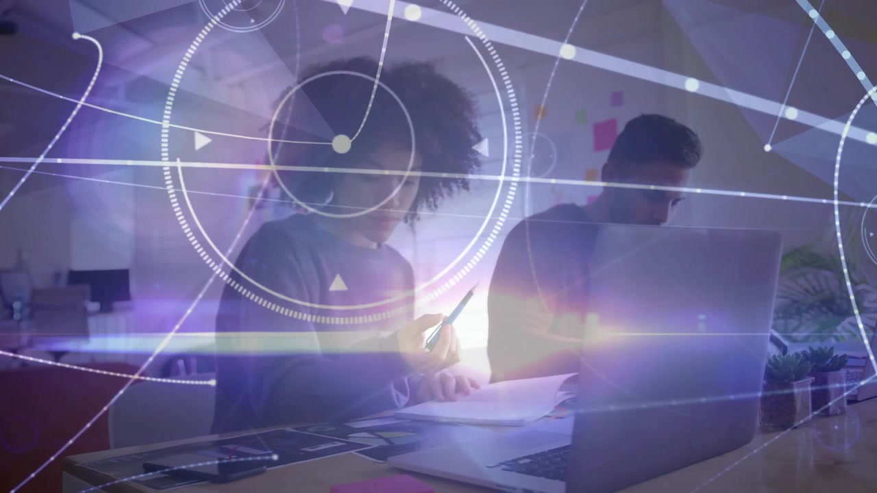 Woman sorting papers then picking up phone, marking docs while animated HUD guiding business work