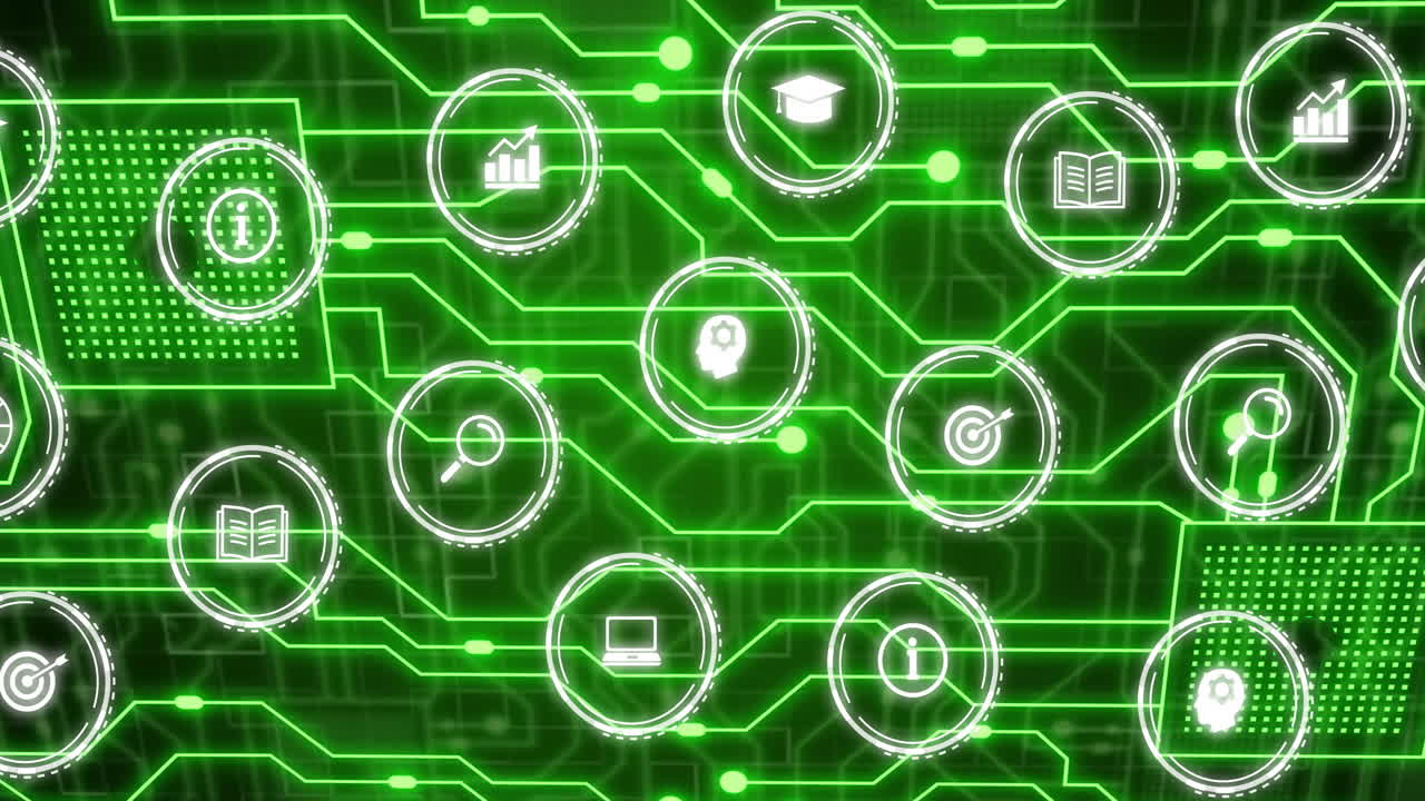 Animation of business icons over computer circuit board on black background