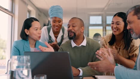 team applause, laptop and business people