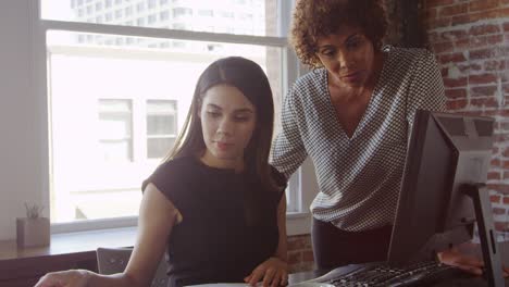 aprendiz y mujer de negocios trabajan en computadora filmado en r3d