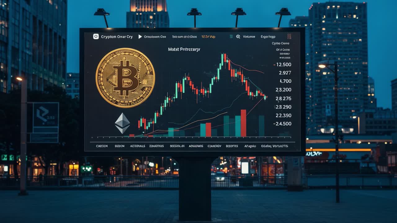 Market Fluctuations: A Visual Analysis of Cryptocurrency Trends Displayed on a City Billboard with Bitcoin and Ethereum Data Over Time in a Nighttime Urban Setting