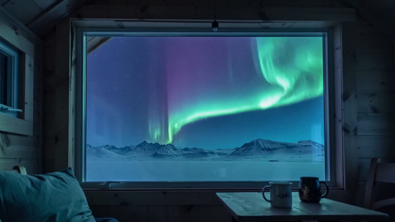 Onset aurora shifting, curling and easing across night sky through large cabin window, two mugs