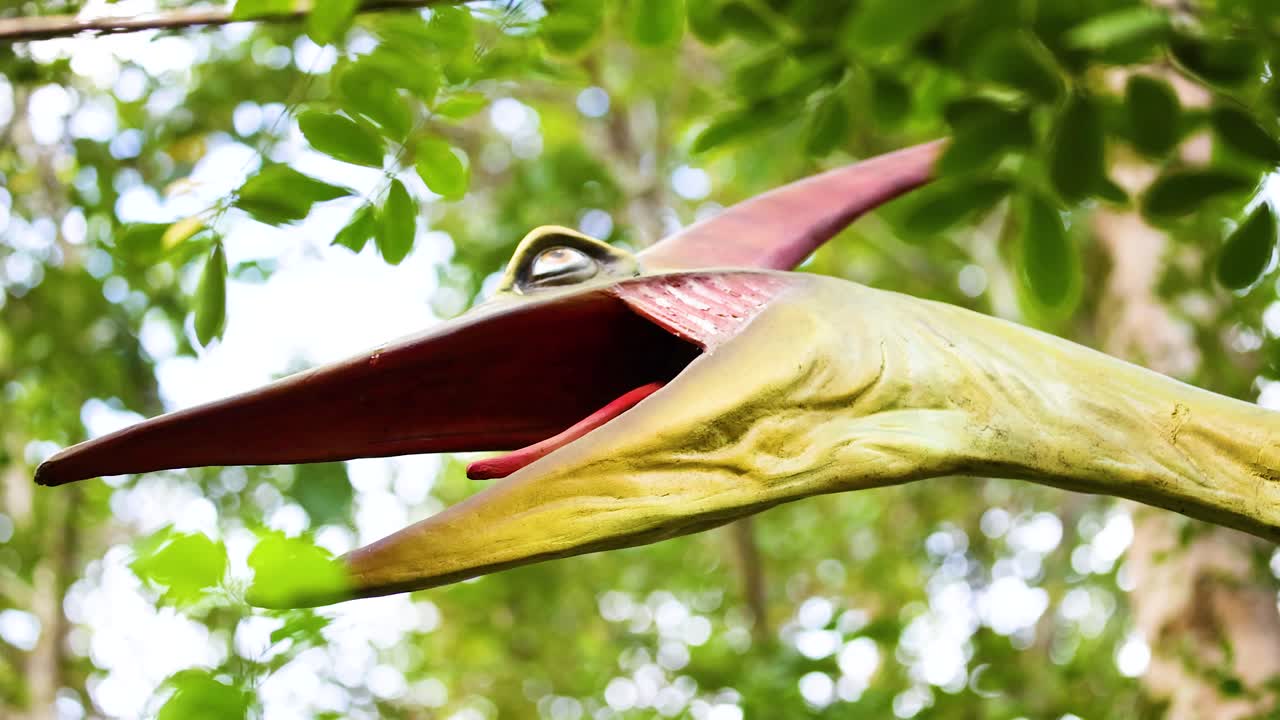 A Pteranodon animatronic moves its head amidst vibrant greenery. Bright daylight highlights its detailed features against a natural backdrop