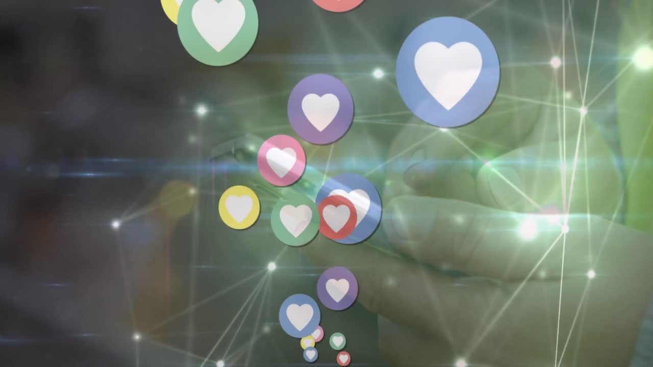 빛나는 분홍색 빛과 박이는 아이콘을 가진 연결 네트워크의 애니메이션