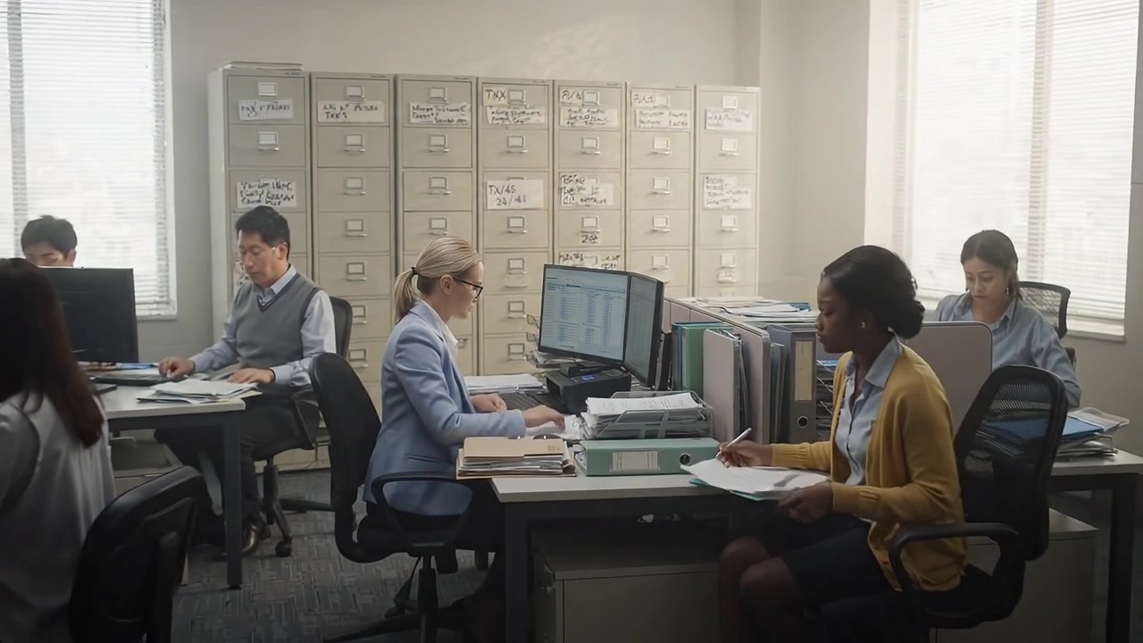 Office Workstation Scene Showing Busy Professionals Engaged in Administrative Tasks Surrounded by Files, Documents, and Computers in a Modern Workplace Environment
