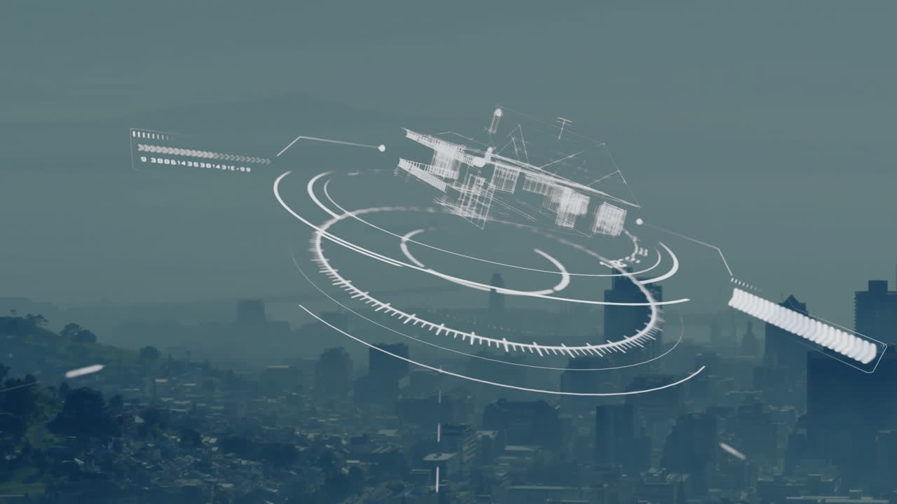 Cityscape with futuristic digital interface, geometric patterns overlaying urban skyline