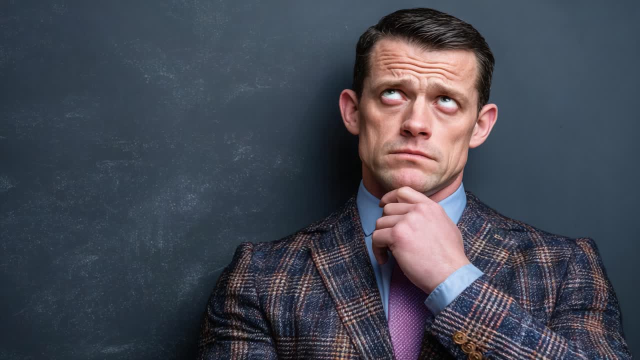 Un uomo pensieroso in un elegante abito a quadri contempla, in posa su uno sfondo scuro e texturizzato, incarnando momenti di profonda riflessione e decisione