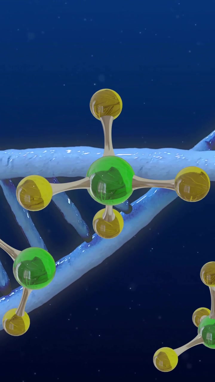 Animation of dna strand spinning and molecules on blue background