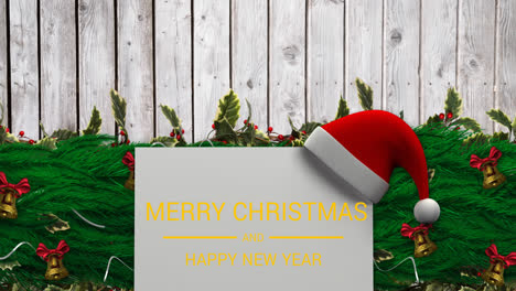 Animation-of-merry-christmas-text-over-santa-hat-and-fir-tree