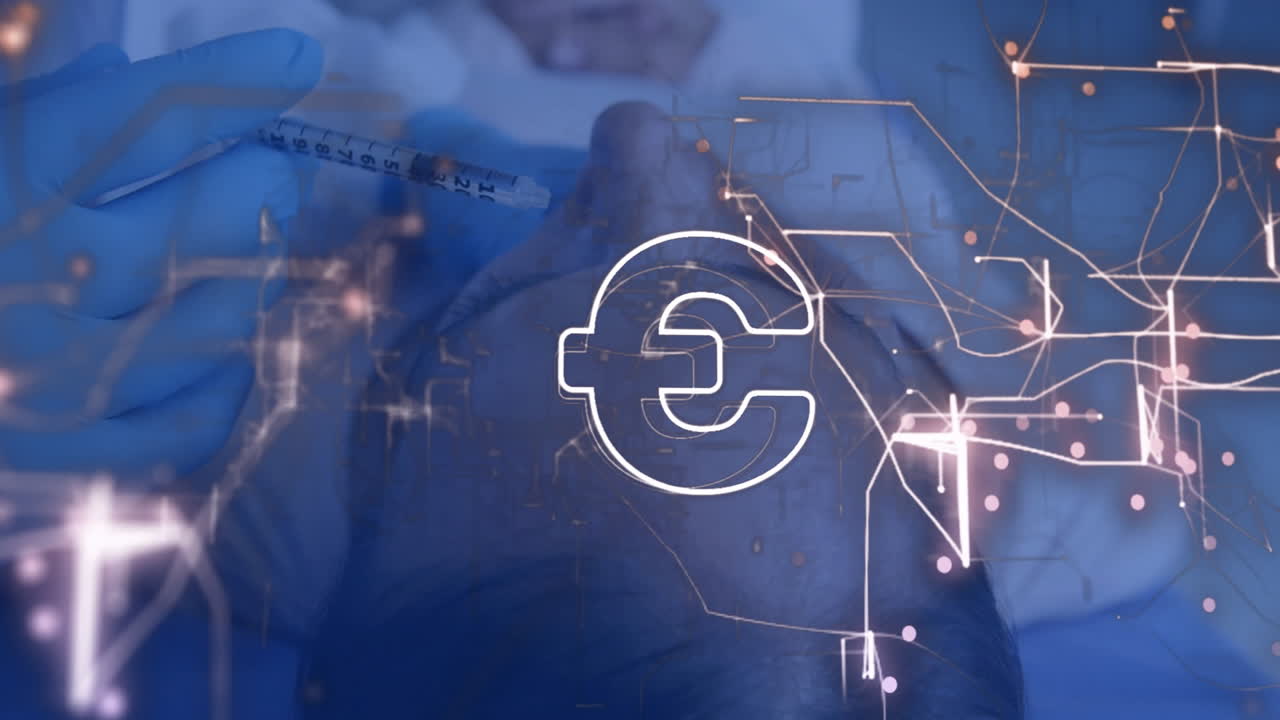 Overlaying animation of Euro symbol and digital network in medical procedure scene