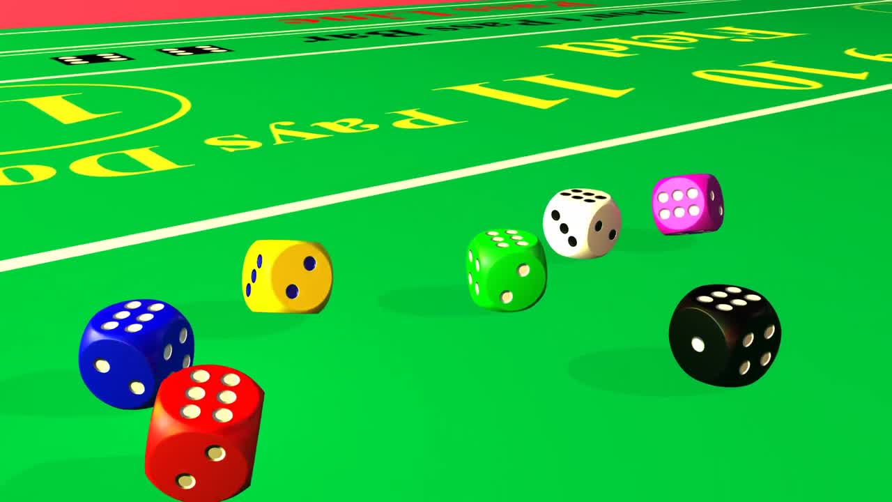 los dados multicolores 3d rodando en un entorno de casino