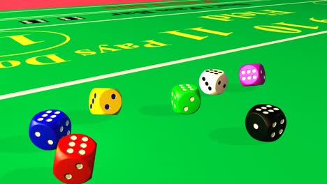 los dados multicolores 3d rodando en un entorno de casino