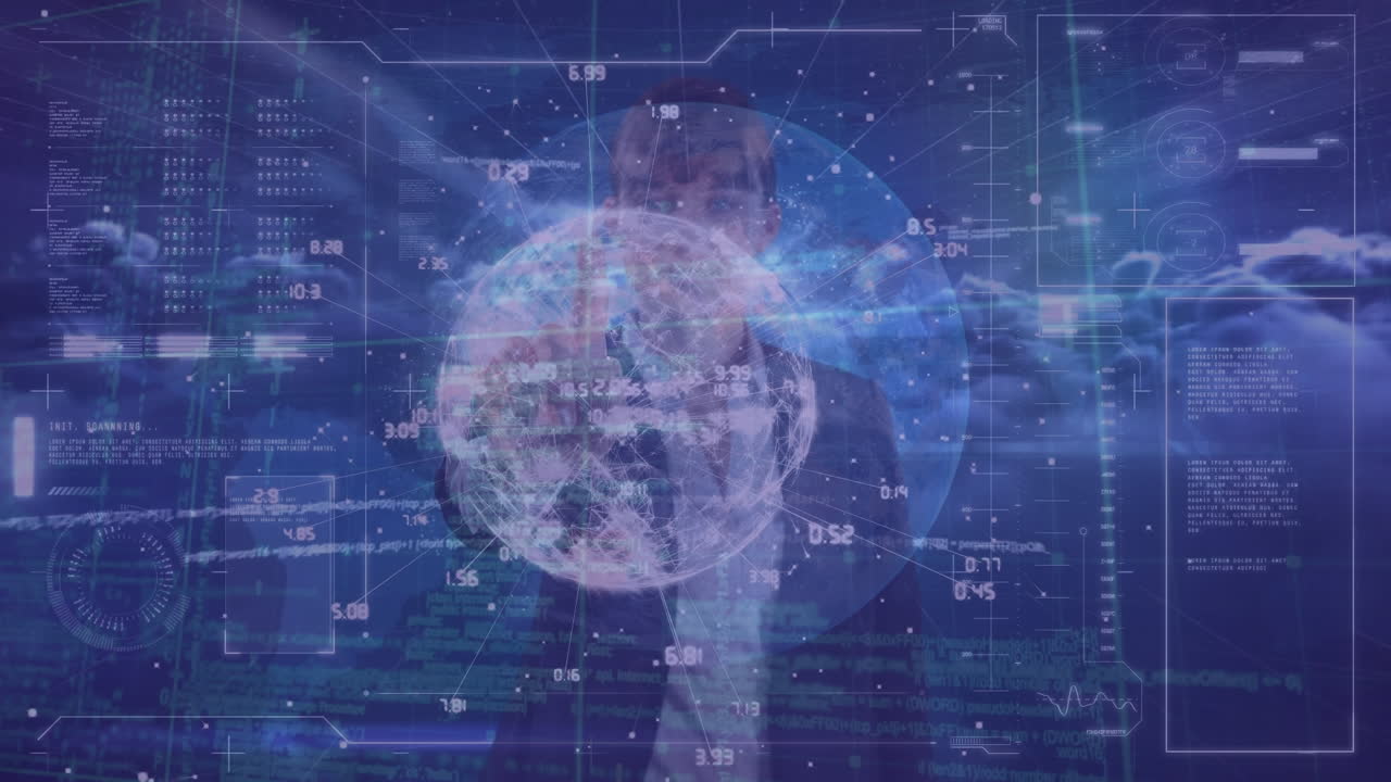 animación del globo y procesamiento de datos sobre una mujer de negocios caucásica en fondo azul