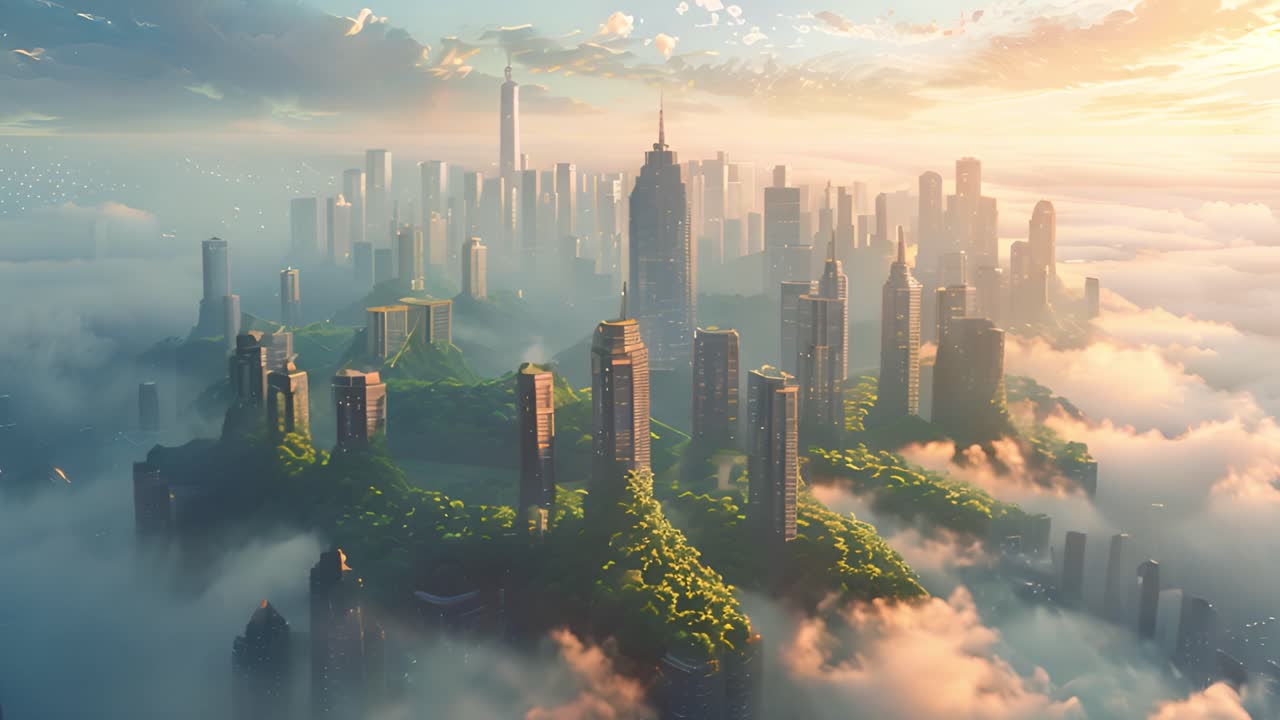 A Futuristic City on Floating Islands Amidst Clouds at Sunrise