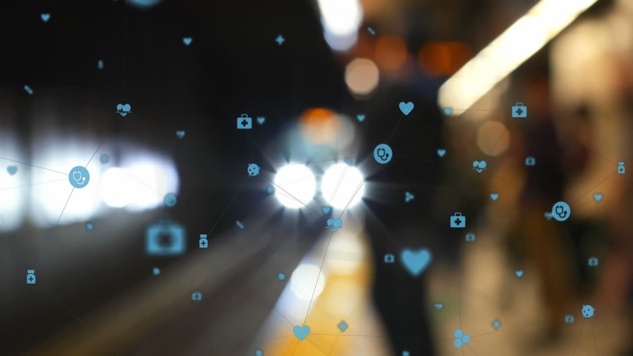 지하철에 도착하는 흐릿한 열차 위의 여러 아이콘의 애니메이션