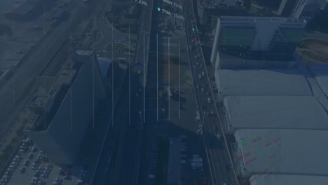 animación del procesamiento de datos estadísticos y bursátiles frente a una vista aérea del paisaje urbano