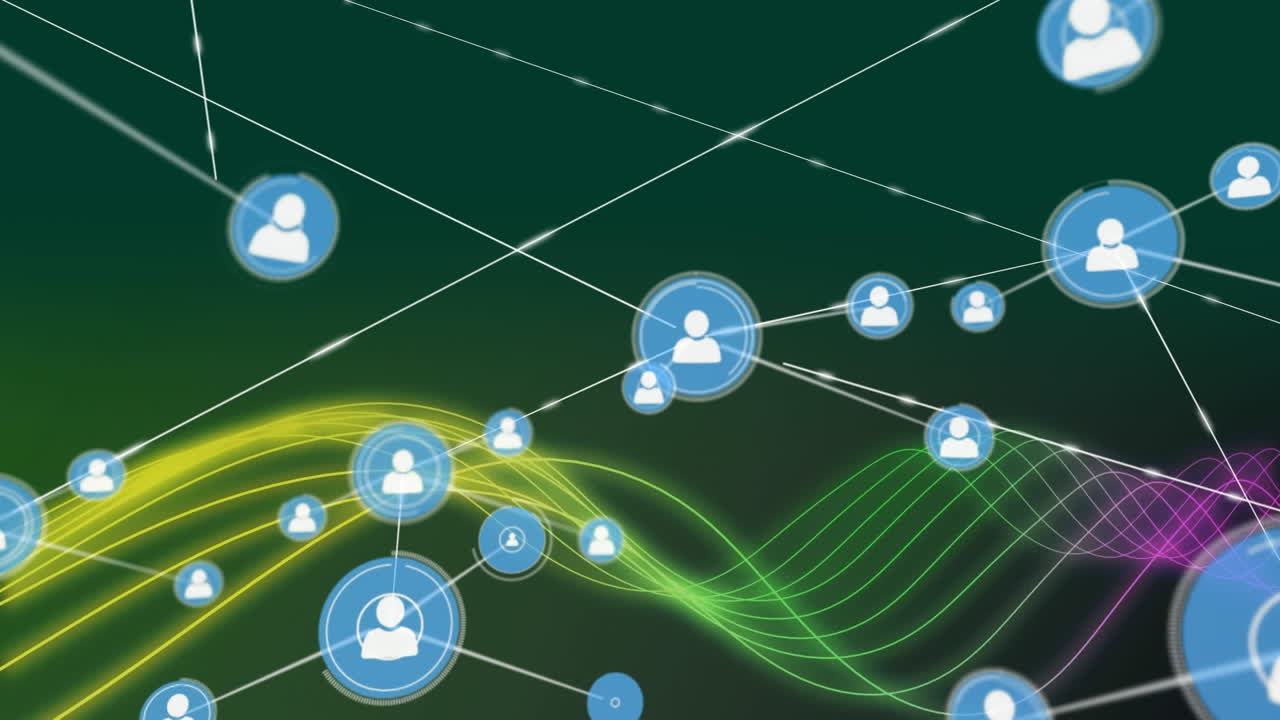 Animation of network of profile icons over neon digital wave against green background