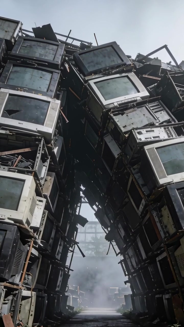 Video verticale: Telecamera in movimento scorre lungo un sentiero di cemento, avvicinandosi a TV CRT, rivelando un arco sfocato.