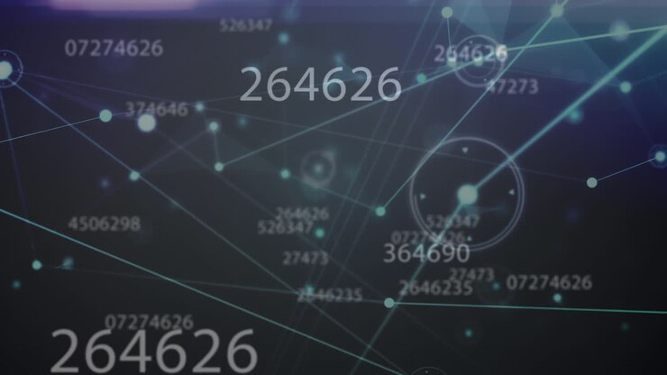 Animation of network of connections, changing numbers and light trails against black background