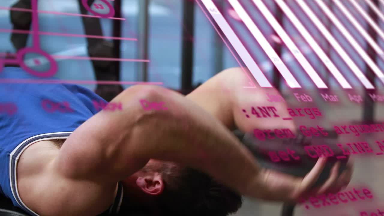 Kameraet skifter og afslører en mand, der ligger på en bænk og løfter en vægtskive, mens lyserøde diagrammer glider frem for fitness.