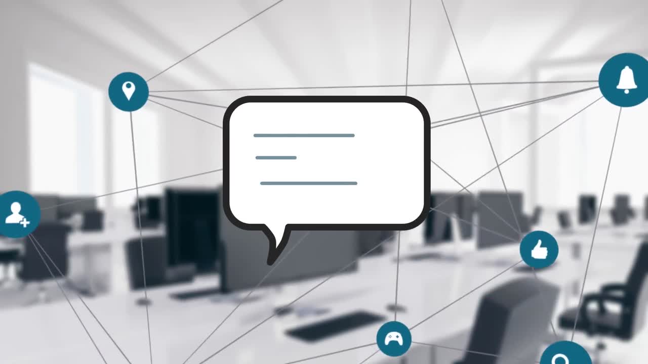 animación de la red de conexiones con iconos de redes sociales y burbuja de habla en la oficina