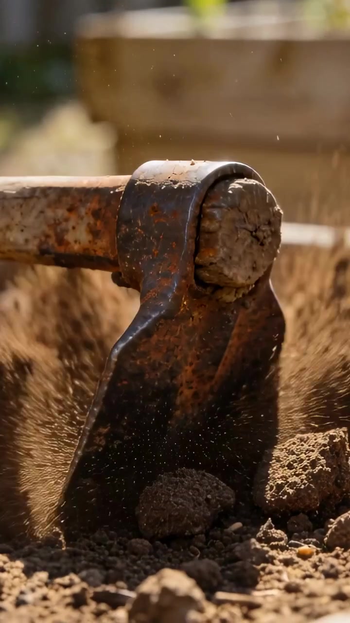 Vertical video: Driving rusty hoe blade pivoting on bolt under clod in raised bed, loosening soil